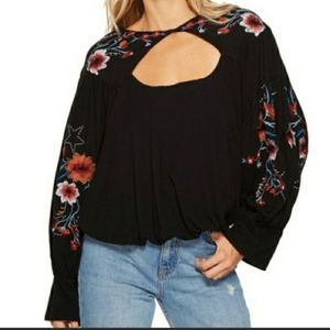 Free People Floral Embroidered Black Blouse Small NWT